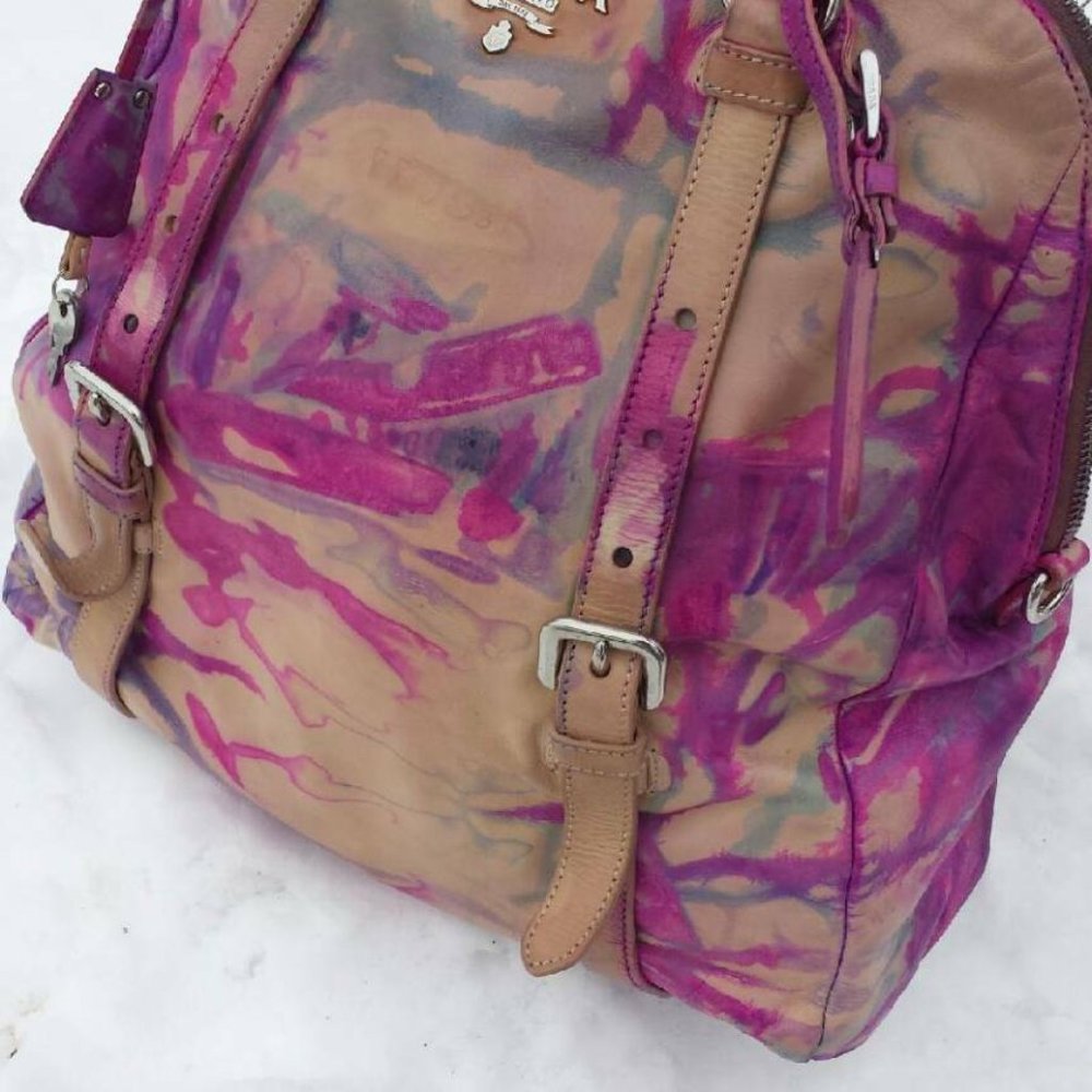 XL Prada Leather Purse tote hobo bag tie dyed painted pink beige purple tan blue - Picture 2 of 15